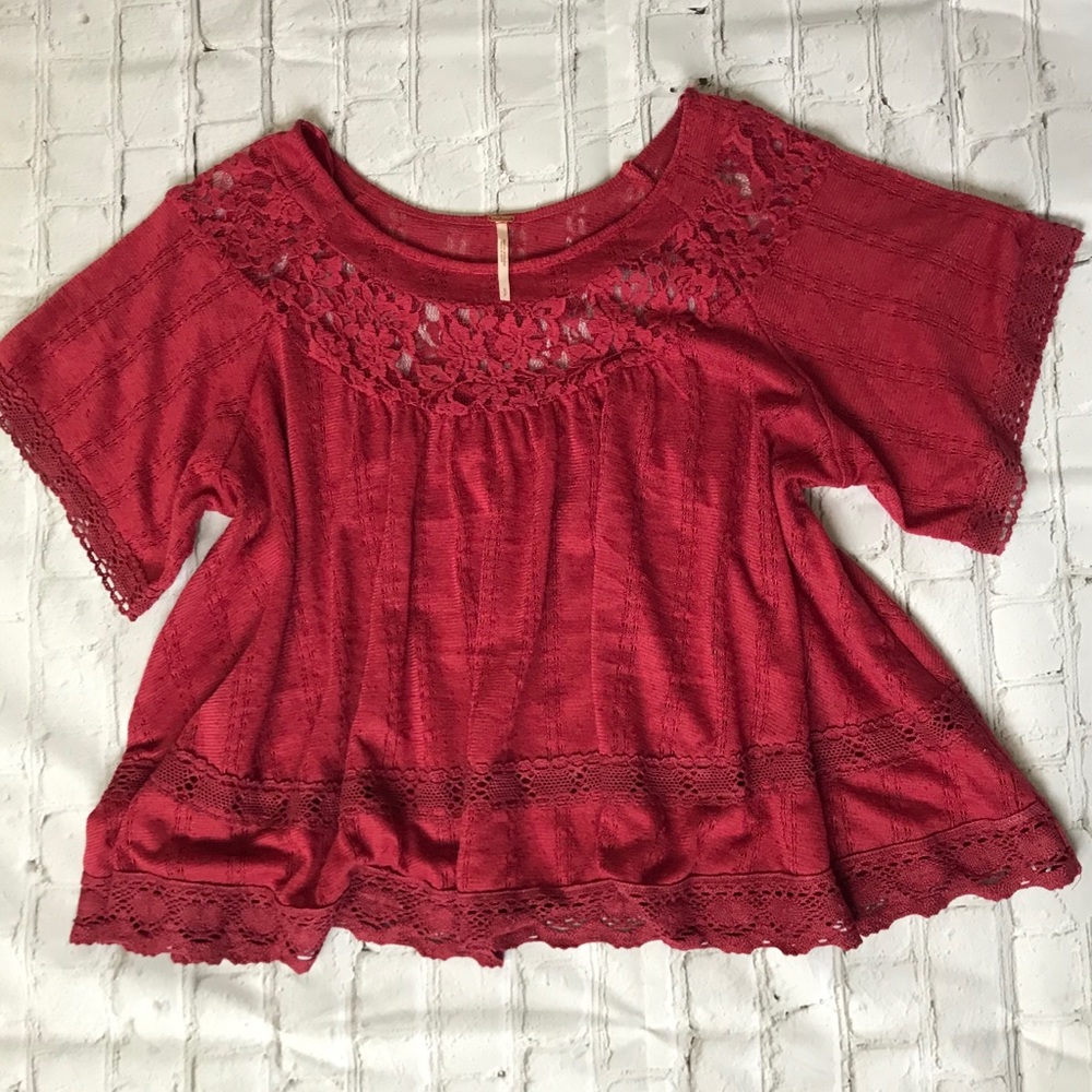 Free People Lace Short Sleeve Top Size S